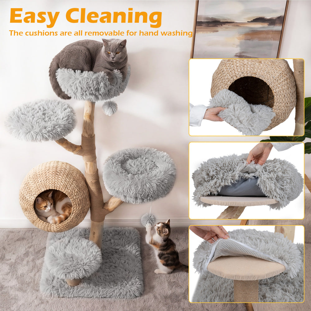 5-tier wooden cat tree with plush perches and woven condo, featuring removable cushions for easy cleaning and comfort.