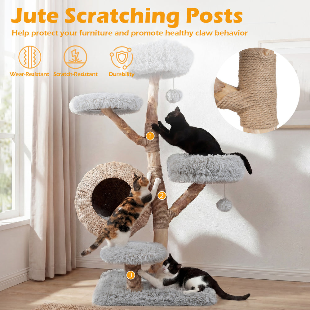 5-tier wooden cat tree with plush perches, jute scratching posts, and woven condo for climbing and lounging.