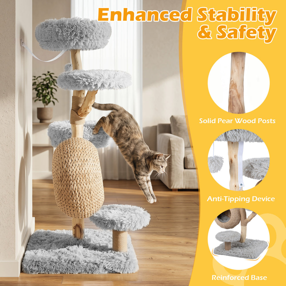 5-tier wooden cat tree with plush perches and woven condo, featuring jute posts for climbing and scratching. Ideal for.