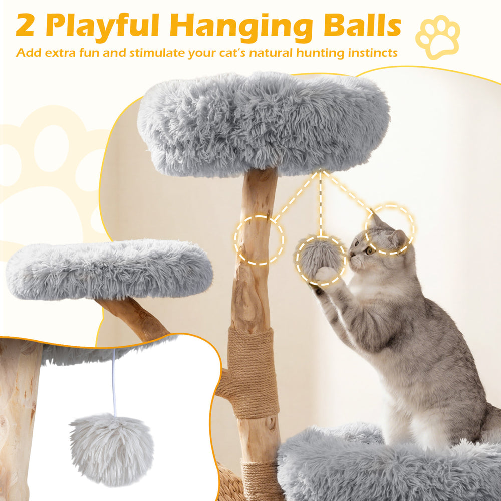 5-tier gray wooden cat tree with plush perches, jute posts, and hanging balls for interactive play and cozy lounging.