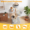 5-tier wooden cat tree with plush perches and woven condo, perfect for climbing, resting, and playing in any room.
