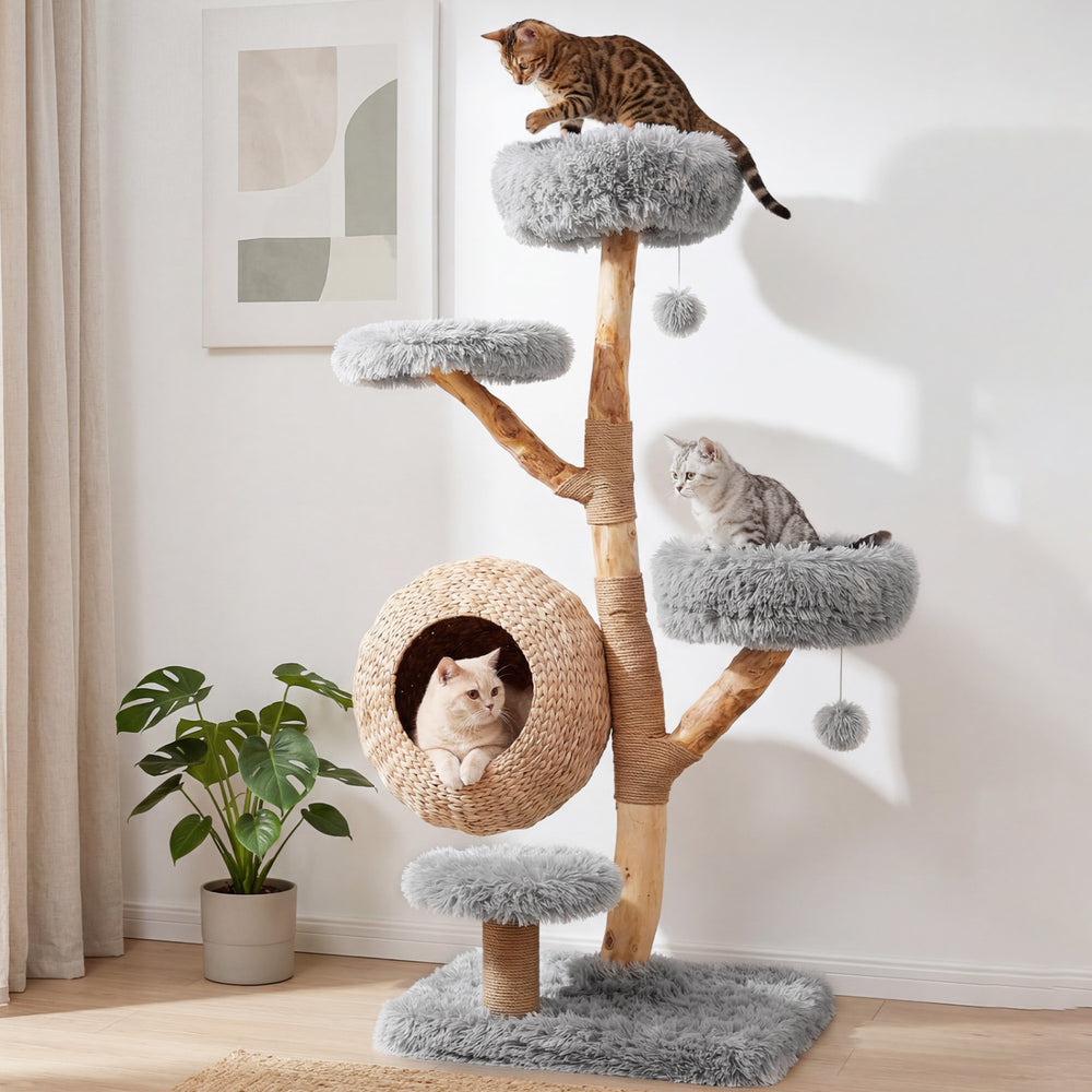 5-Tier Wooden Cat Tree with Woven Condo Plush Perches Jute Posts & Balls-Gray - Gallery View 1 of 10