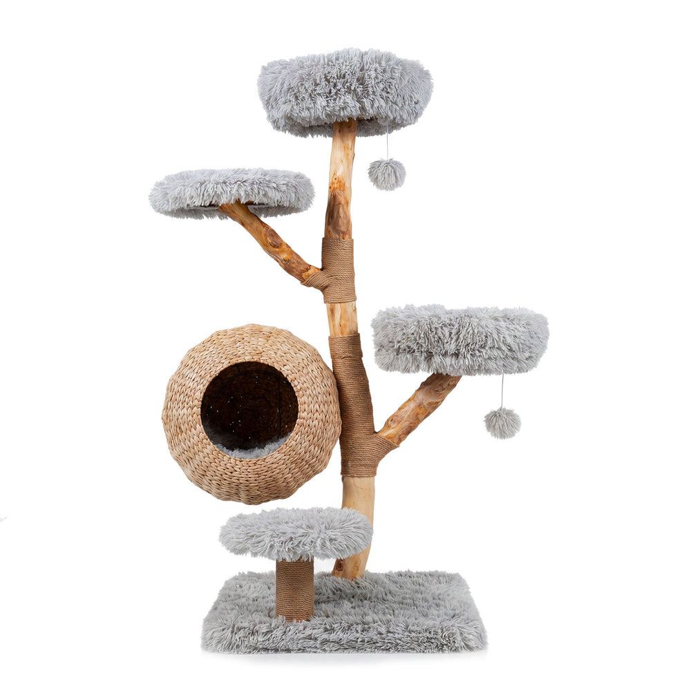 5-tier wooden cat tree with plush perches, woven condo, and jute posts for climbing and lounging in gray.