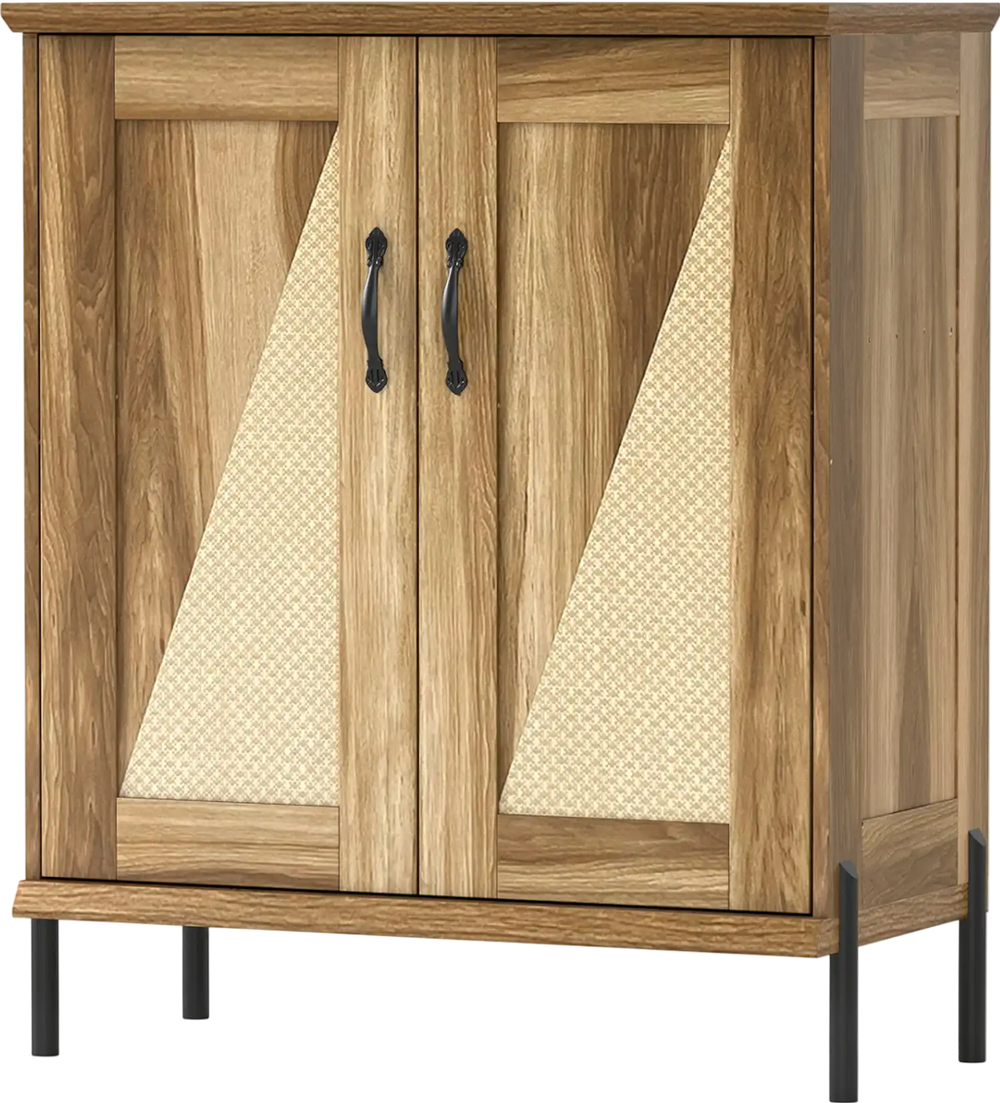 5-tier wooden farmhouse shoe cabinet with woven rattan doors, natural finish, ideal for entryway storage and.