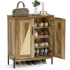 5-tier wooden farmhouse shoe cabinet with woven rattan doors, featuring removable shelves for customizable storage.