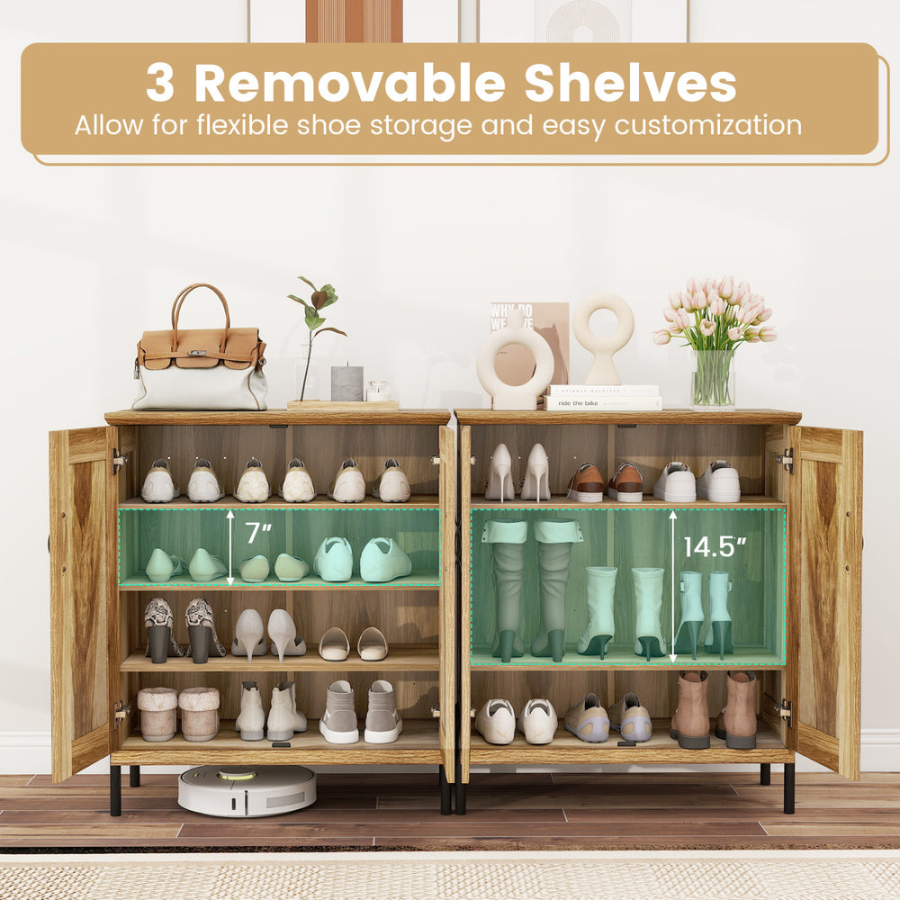 5-tier wooden farmhouse shoe cabinet with woven rattan doors, featuring 3 removable shelves for customizable storage.