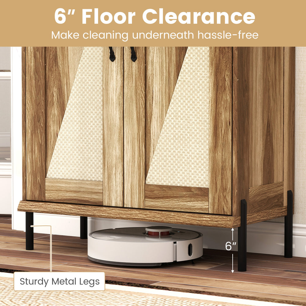 5-tier wooden farmhouse shoe cabinet with woven rattan doors and 6" floor clearance for easy cleaning and stability.