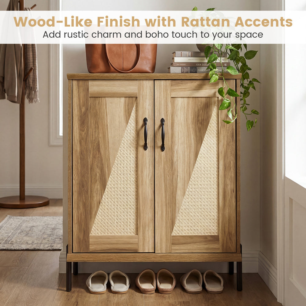 5-tier wooden farmhouse shoe cabinet with woven rattan doors, offering rustic charm and flexible shoe storage for.