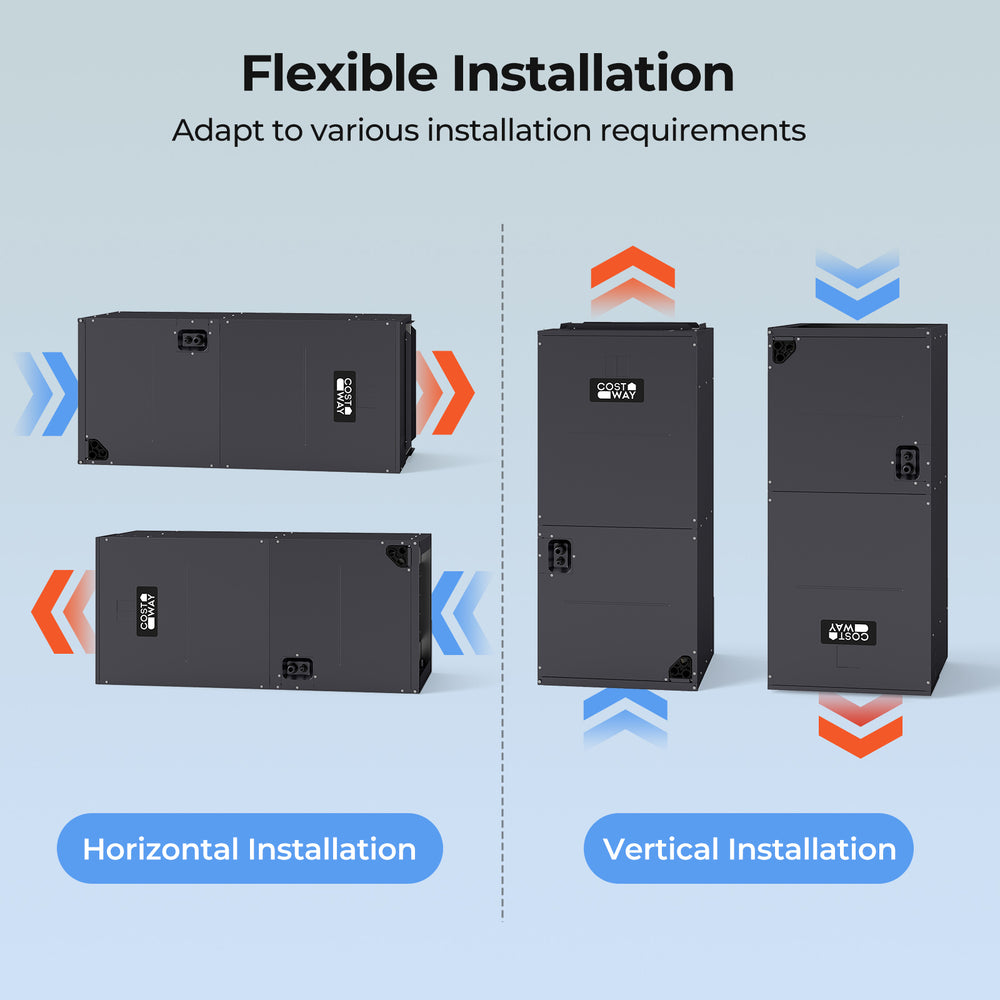 5 Ton 17 SEER2 heat pump system shown in horizontal and vertical installation options for flexible setup.