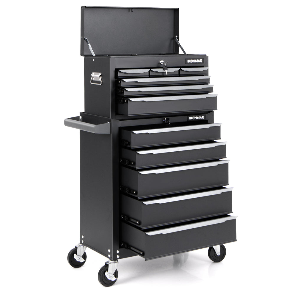 5-drawer black tool storage cabinet with central locking, ball-bearing slides, and wheels for easy mobility in.