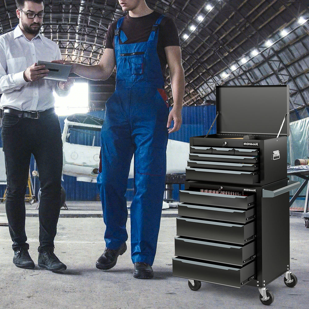 5-drawer black tool storage cabinet with central locking system, designed for garage and workshop use, featuring swivel.