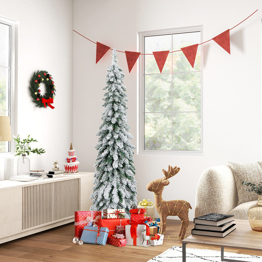 Snow-flocked 5 ft pre-lit artificial Christmas tree with LED lights, perfect for small spaces and holiday decor.