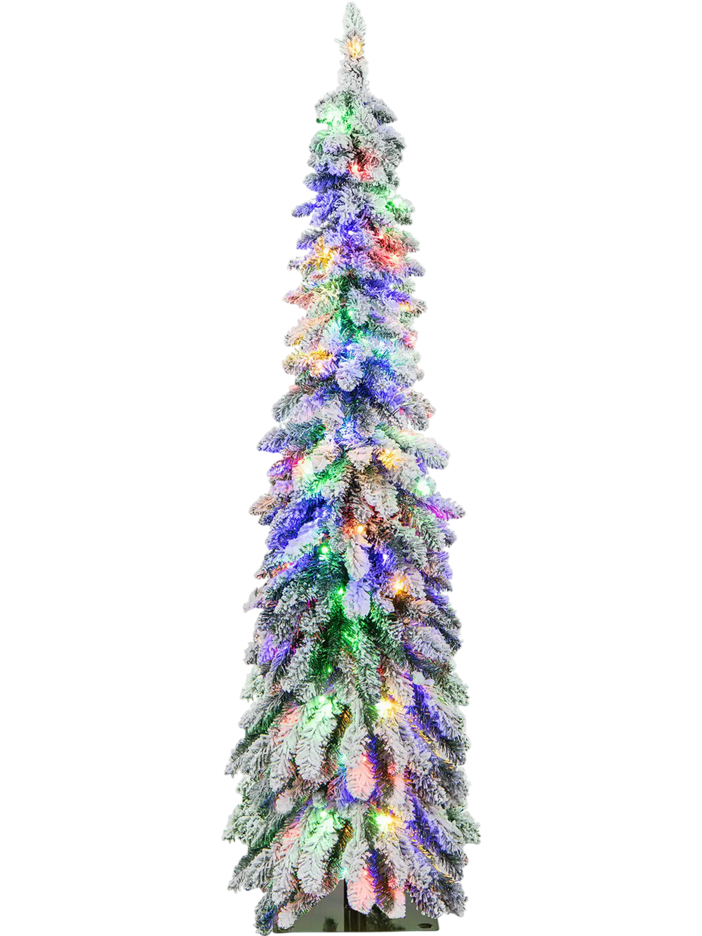 5-foot snow-flocked slim pencil Christmas tree with multi-color and warm-white LED lights, perfect for small spaces.