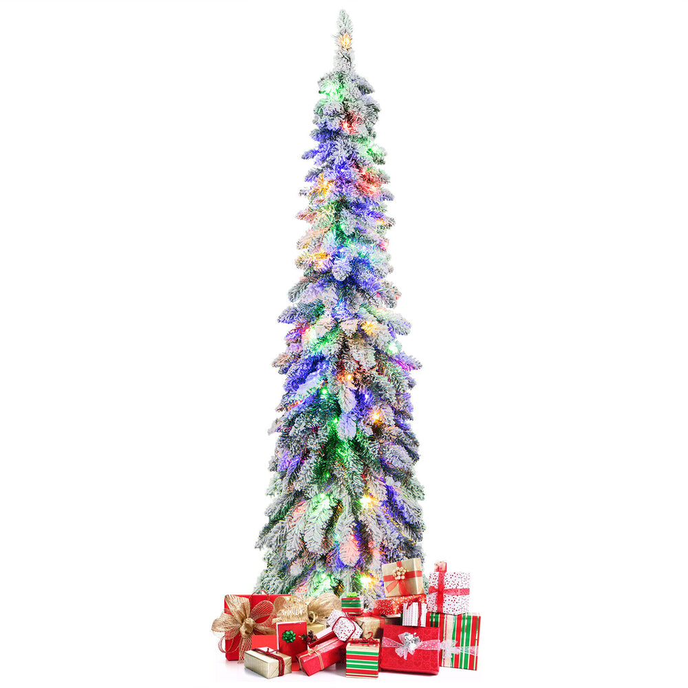 5-foot snow-flocked pre-lit artificial Christmas tree with multi-color LED lights and presents for festive decor.