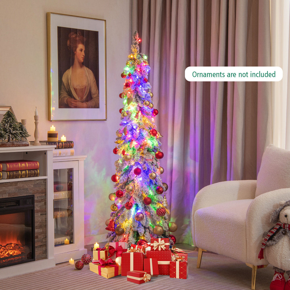 5-foot pre-lit artificial Christmas tree with snow-flocked design, featuring multi-color LED lights for festive decor.