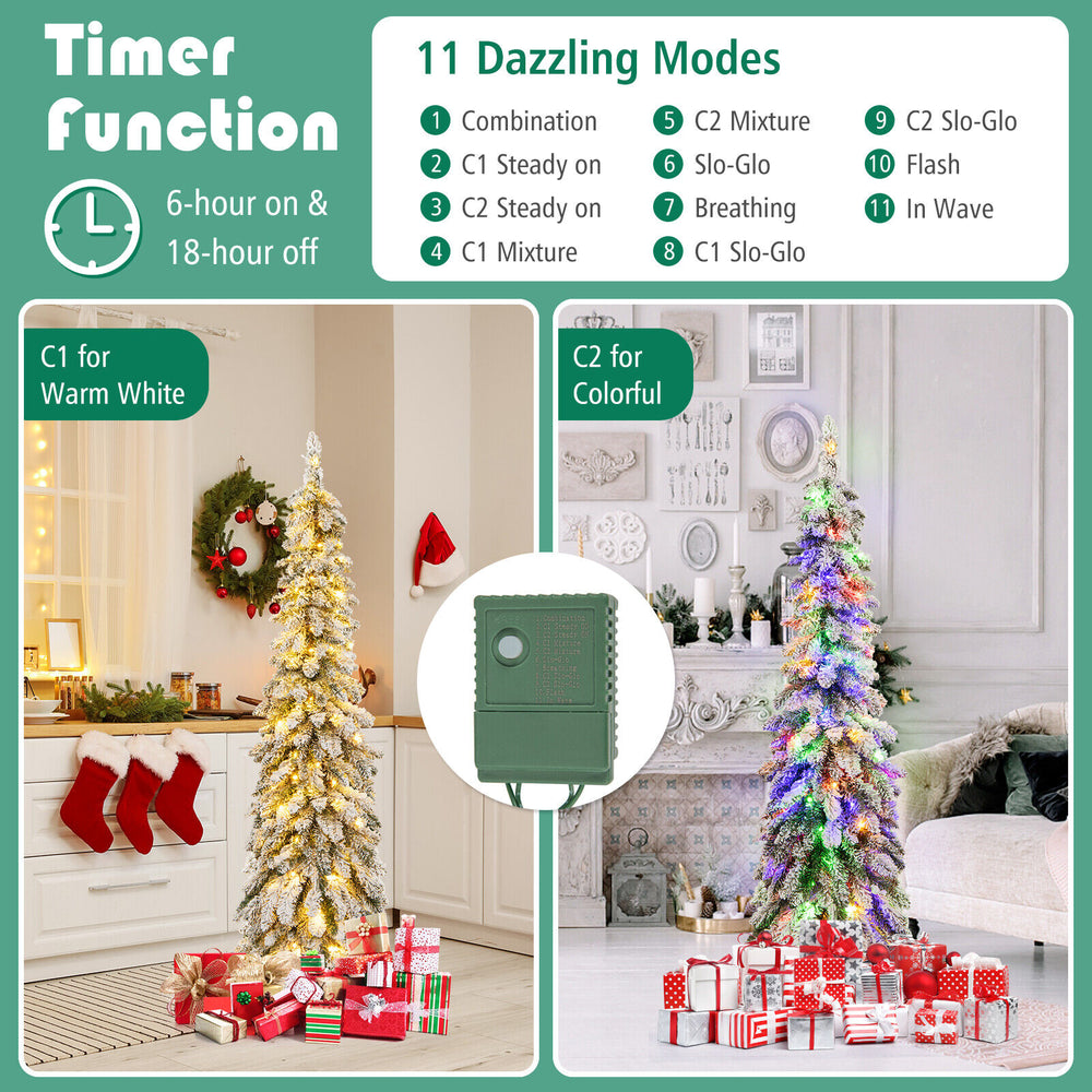 5-foot snow-flocked slim pencil Christmas tree with warm-white and multi-color LED lights, perfect for small spaces.