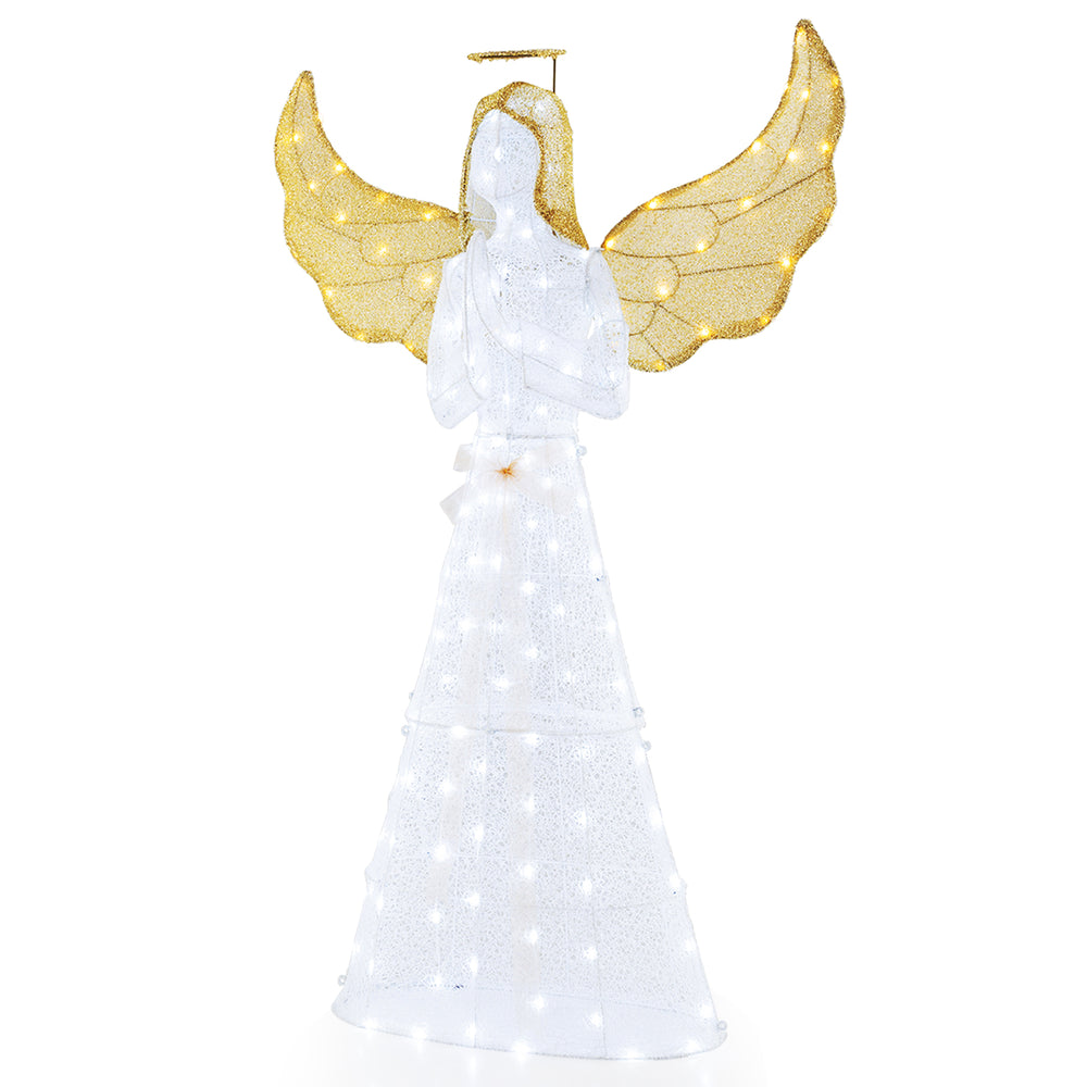 5 ft pre-lit angel decoration with halo and 150 LED lights, suitable for outdoor use in home or backyard settings.
