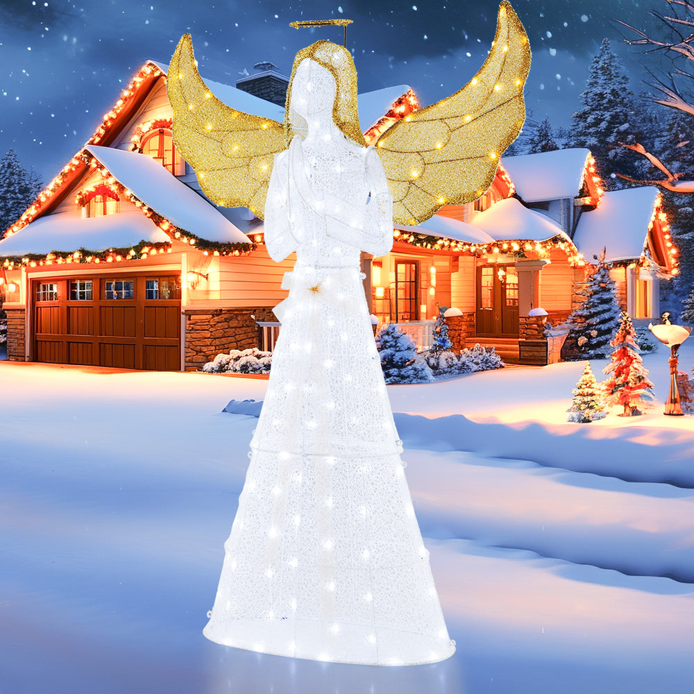 5 ft pre-lit angel with halo and 150 LED lights, designed for outdoor use, ideal for festive home decorations.