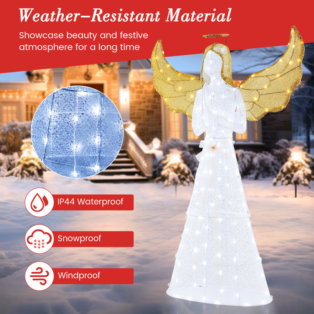 5 ft pre-lit angel with halo and 150 LED lights, made from weather-resistant material for outdoor holiday decor.