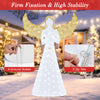 5 ft pre-lit angel with halo and 150 LED lights, featuring large wings and included ground stakes for outdoor stability.