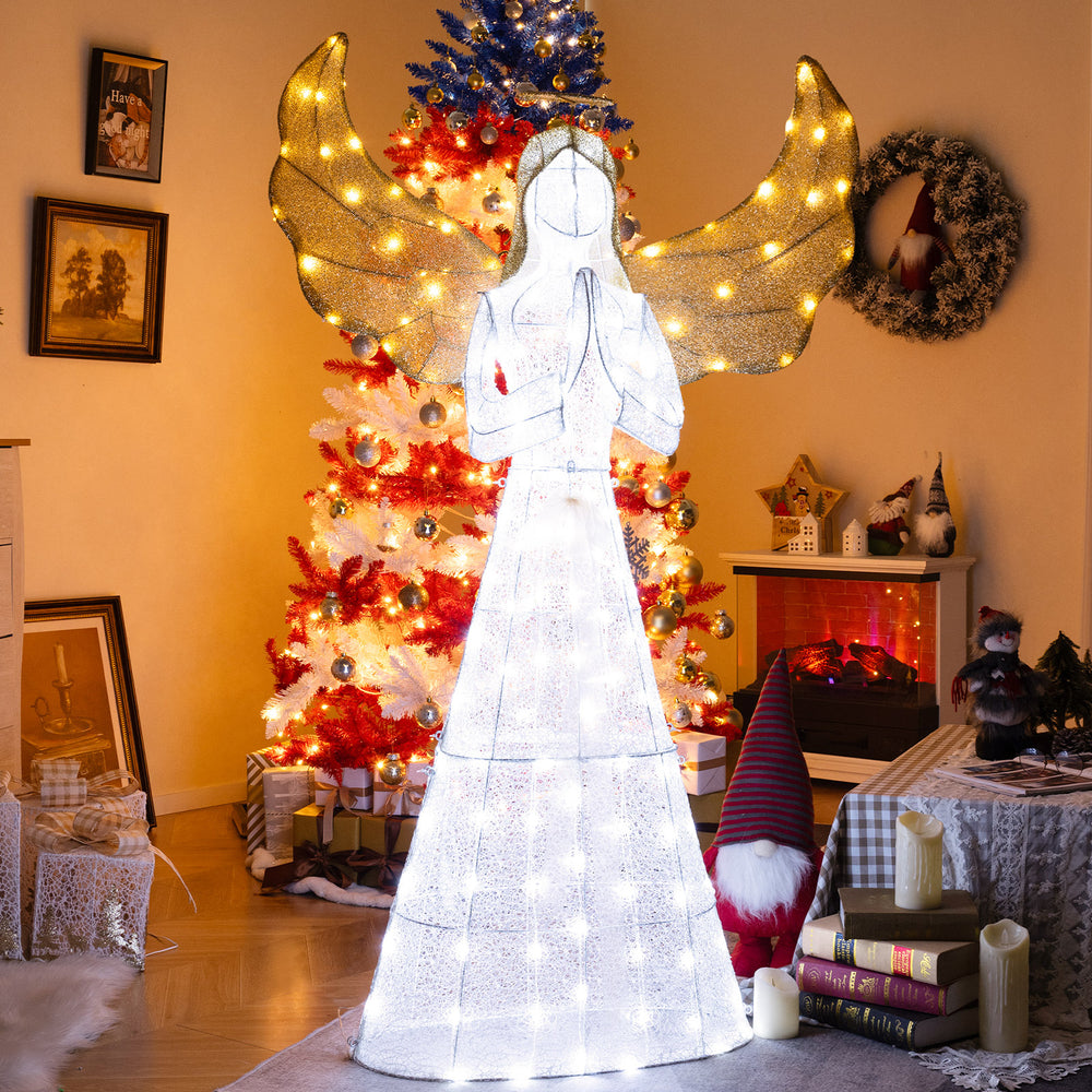 5 ft pre-lit angel decoration with halo and 150 LED lights, ideal for festive home and backyard displays.