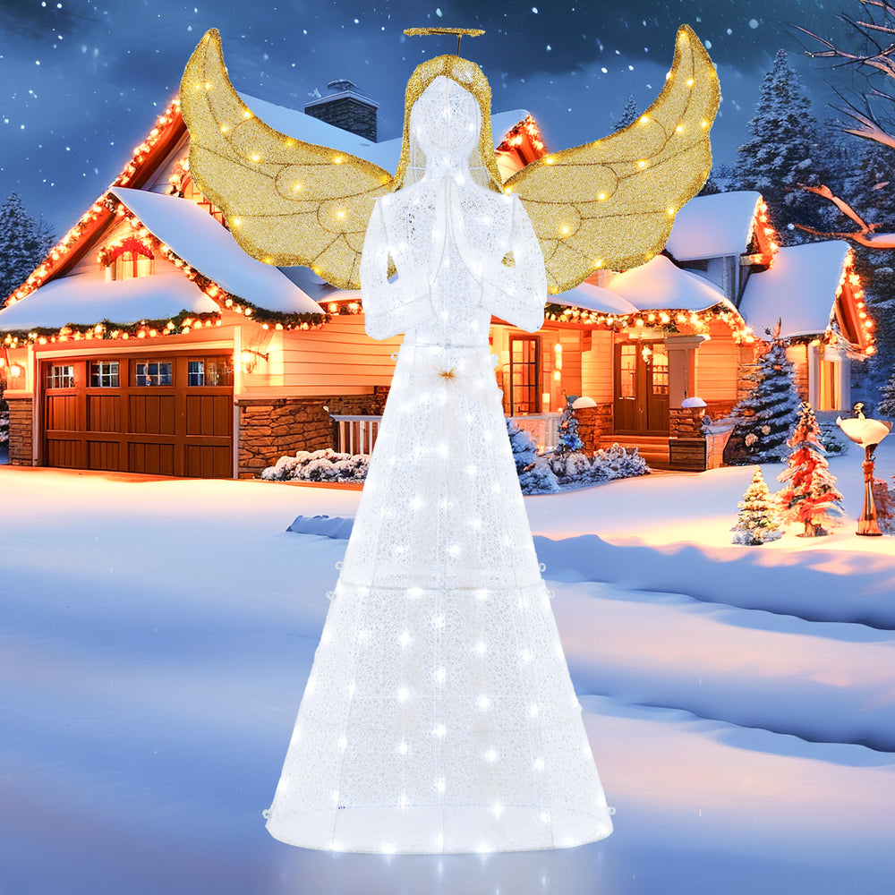 5 ft tall festive angel with large wings and halo, illuminated by 150 LED lights, perfect for winter holiday displays.