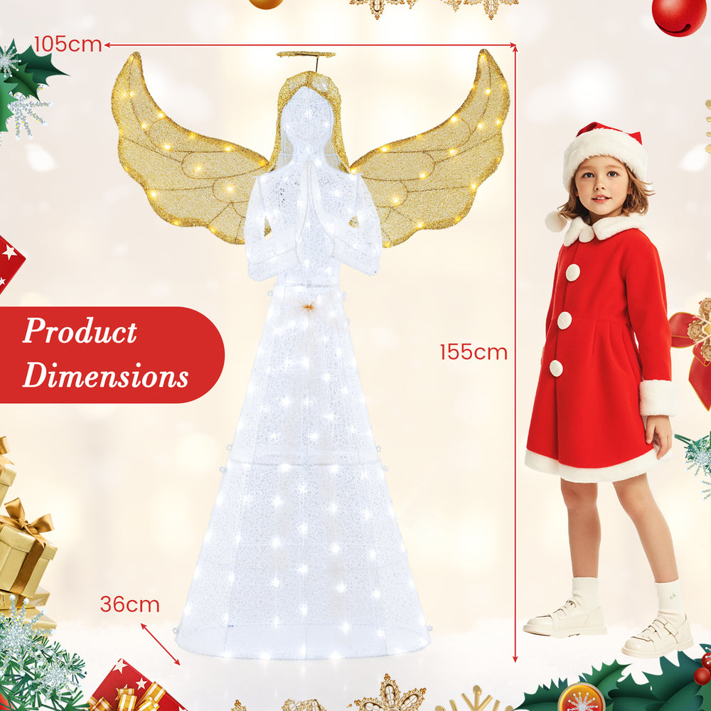 5 ft pre-lit angel decoration with halo, 150 LED lights, suitable for outdoor use in home or backyard settings.