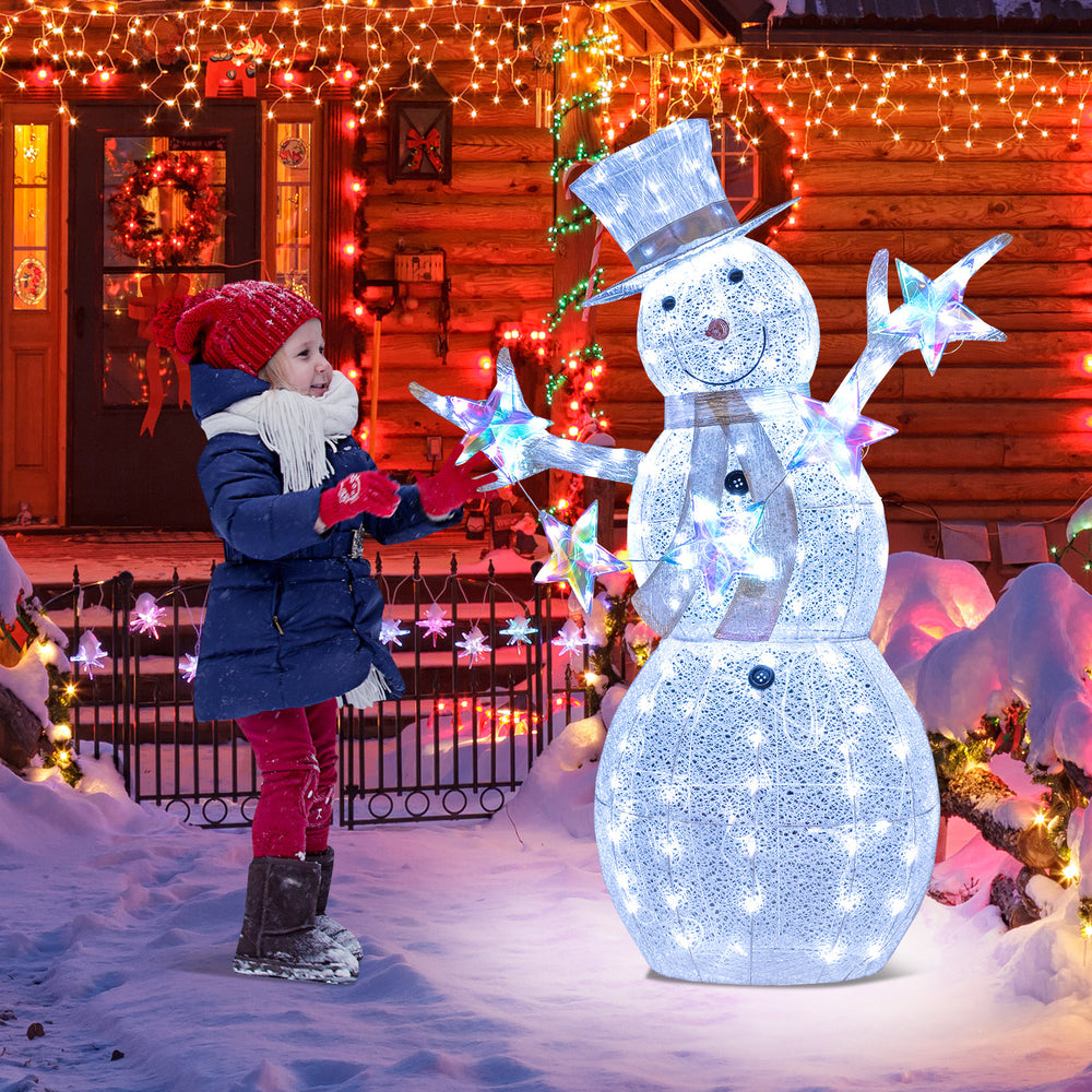 5 ft pre-lit Christmas snowman with stars, featuring 140 LED lights, top hat, and scarf, perfect for indoor or outdoor.