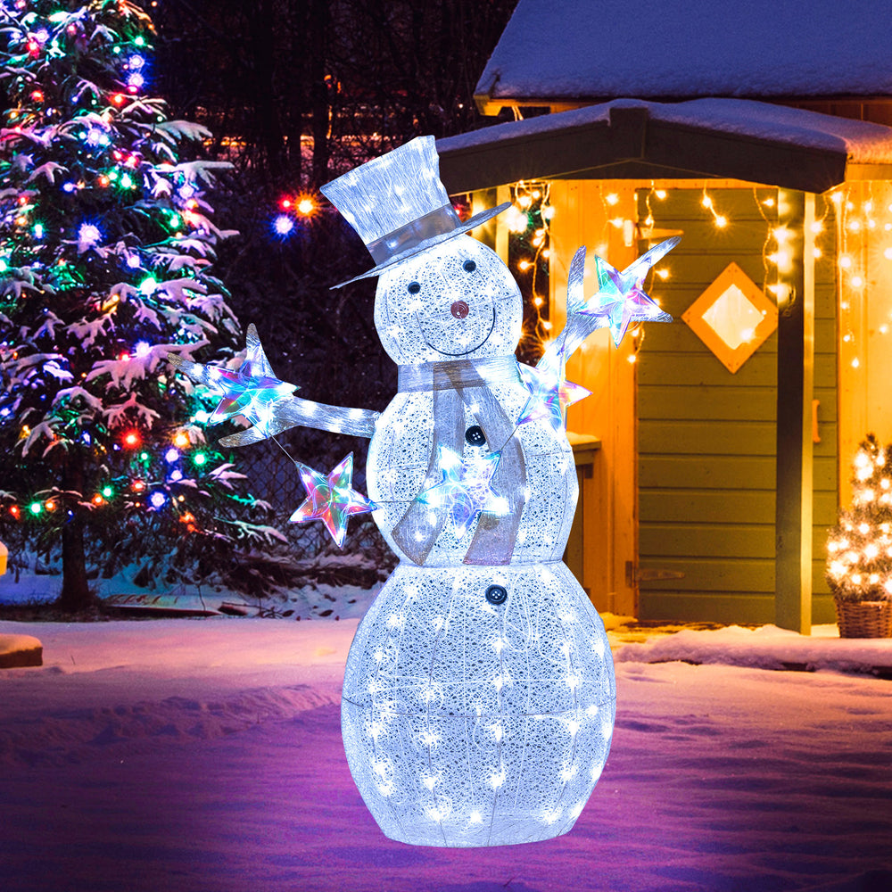 5 ft pre-lit Christmas snowman with stars, 140 cold white lights, suitable for indoor and outdoor holiday decor.