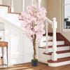 5 FT tall artificial cherry blossom tree with pink flowers, featuring realistic moss and stable flowerpot for home.