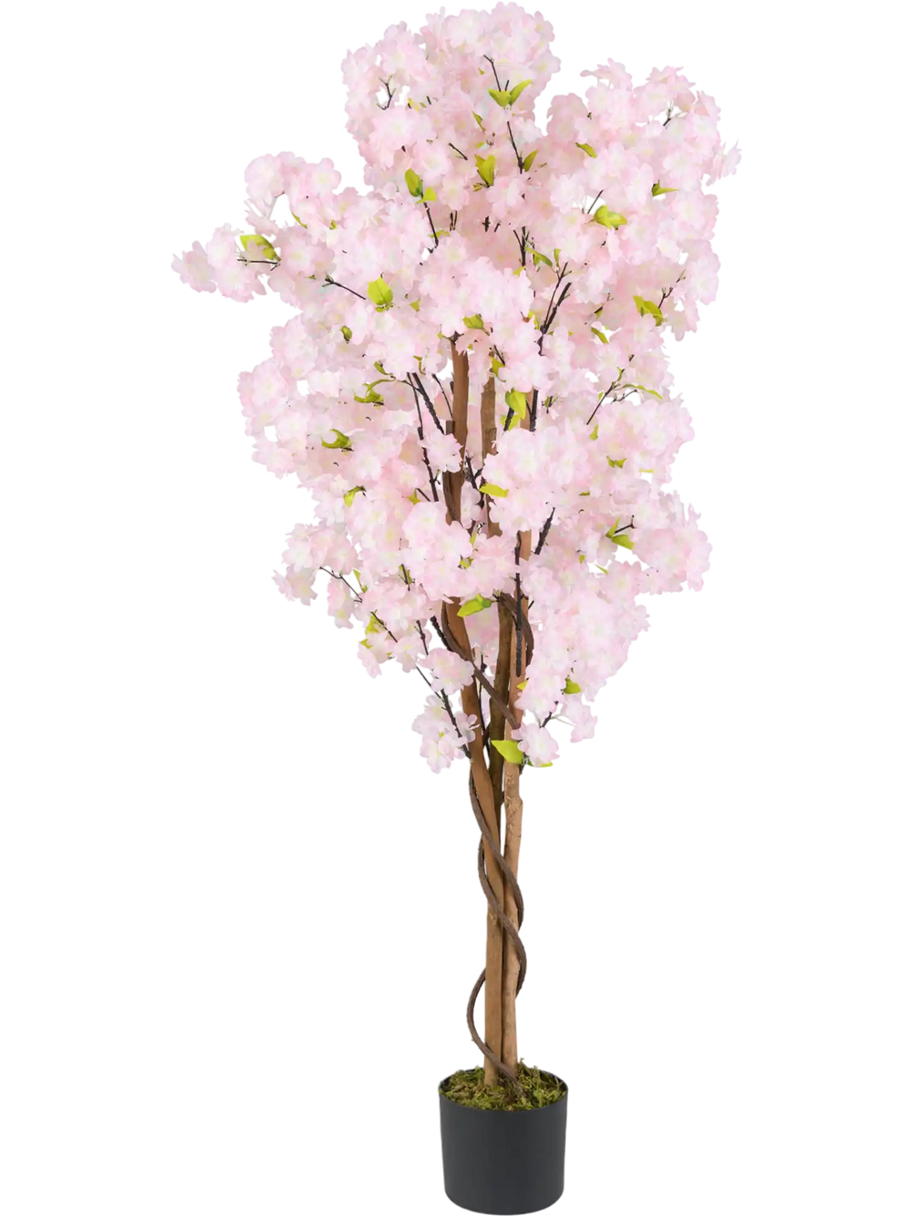 5 FT tall artificial cherry blossom tree with pink flowers, featuring realistic moss and sturdy wood trunk for home.