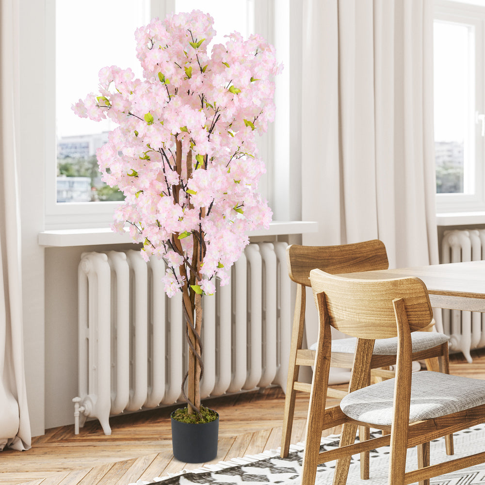 5 FT tall artificial cherry blossom tree with pink flowers, featuring realistic moss and natural wood trunks for home.