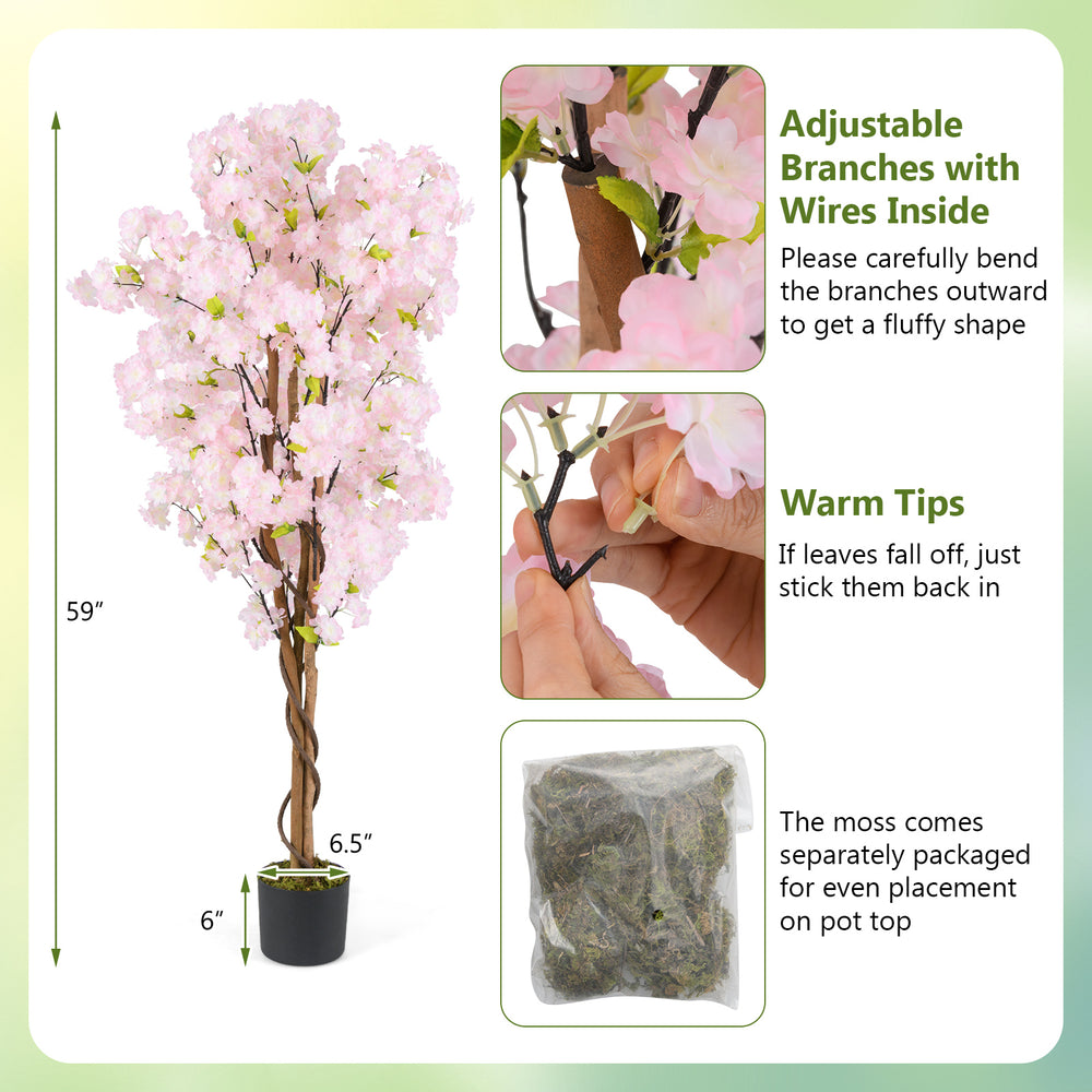 5 FT tall artificial cherry blossom tree with pink flowers, adjustable branches, and realistic moss for home or office.