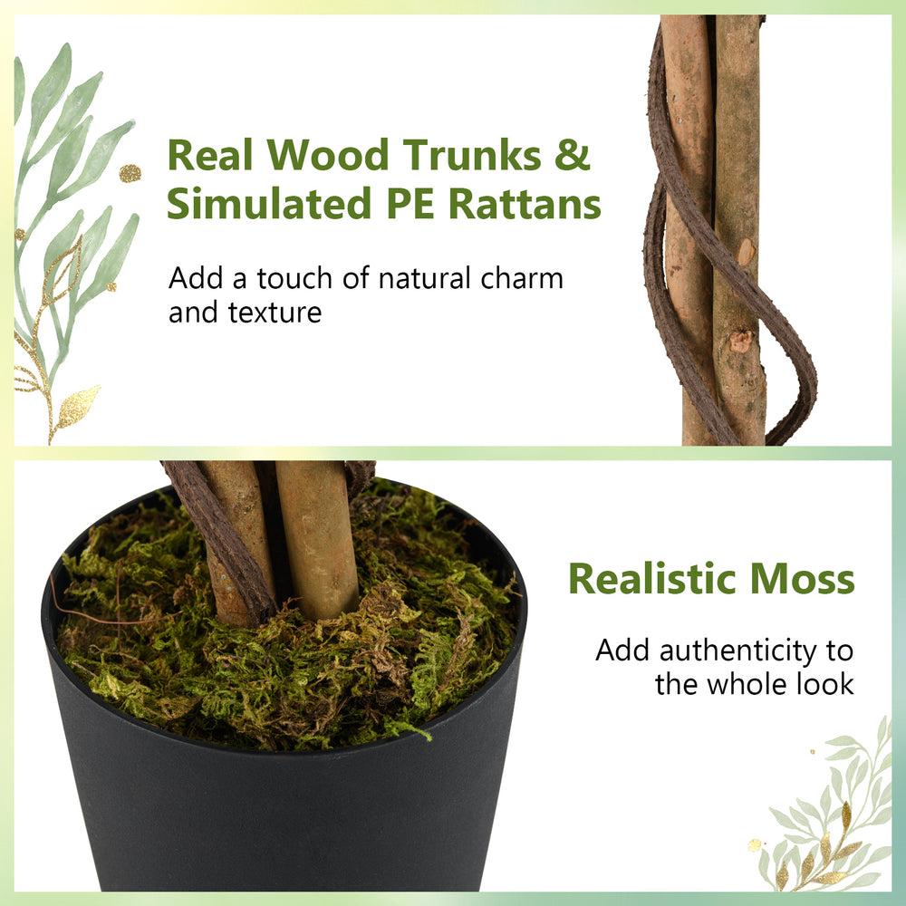 Close-up of realistic moss and wood trunks on a 5 FT tall artificial cherry blossom tree, perfect for home decor.