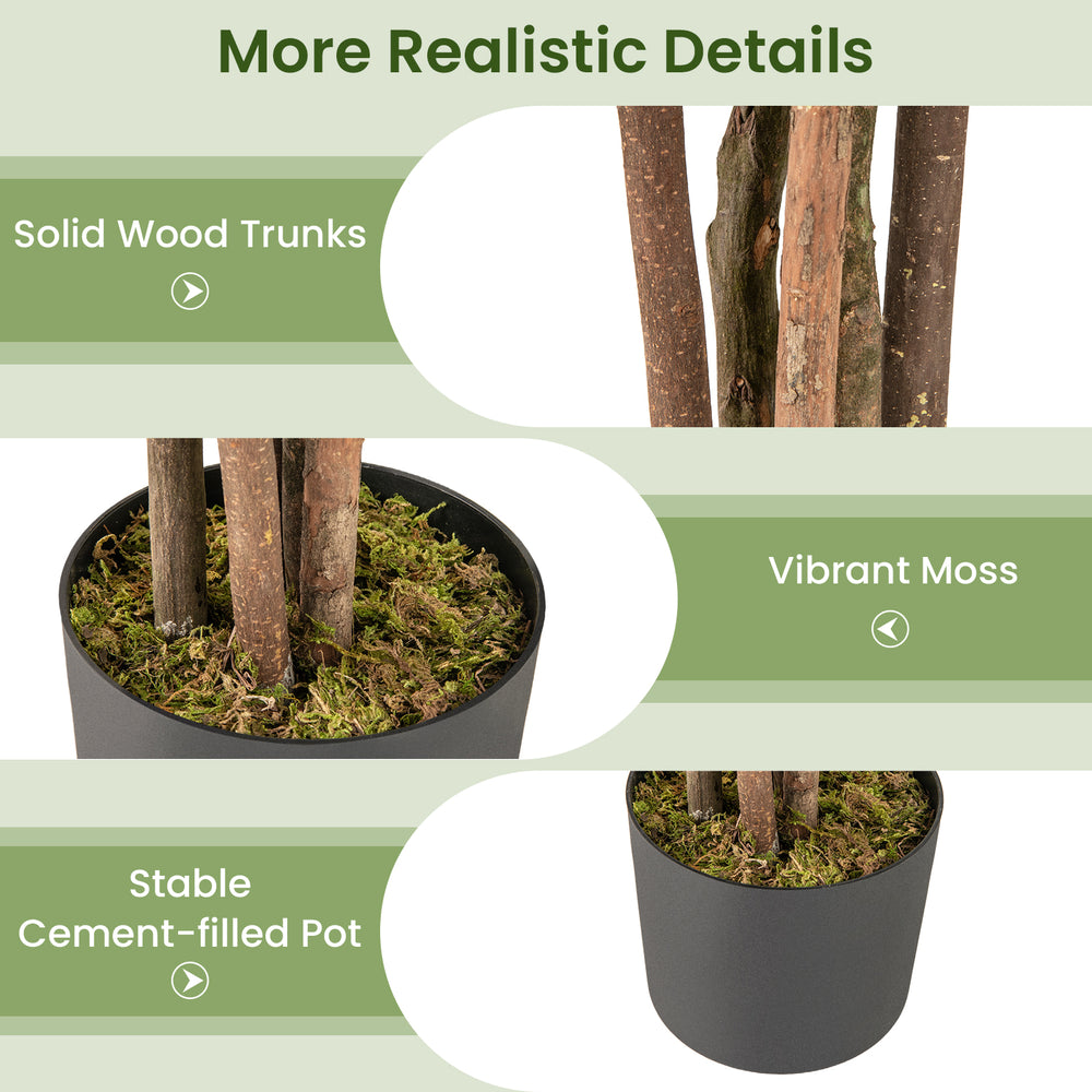 Solid wood trunks and vibrant moss in a stable cement-filled pot for the 5 FT tall artificial croton plant.