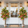 5 FT tall artificial croton plants with gradient leaves in nursery pots, perfect for front door or balcony decoration.