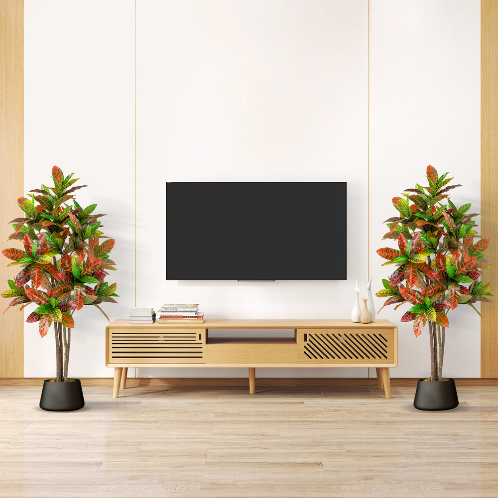 5 FT tall artificial croton plants in nursery pots with gradient leaves, perfect for home or office decoration.