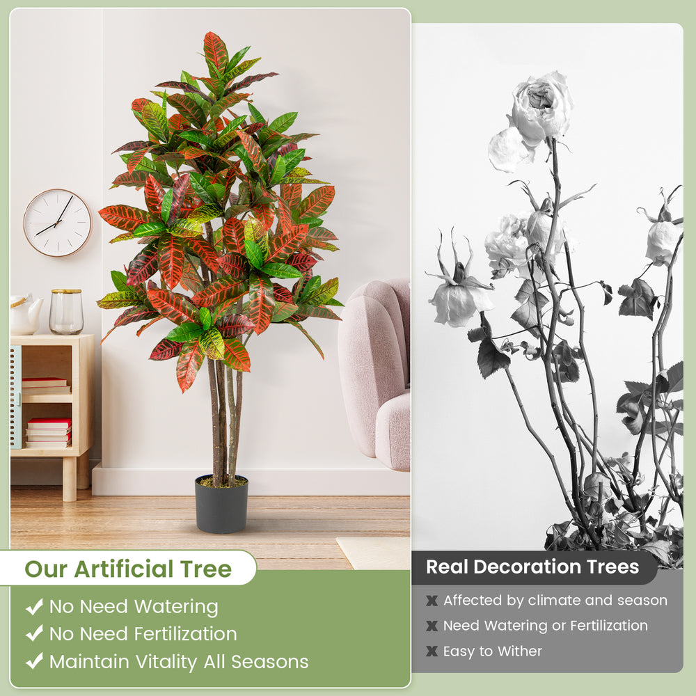 5 FT tall artificial croton plant with realistic moss and textured trunks, ideal for enhancing any indoor space.
