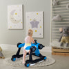 5-in-1 baby walker in blue with adjustable height, padded bumpers, and 360° swivel wheels for safe exploration.