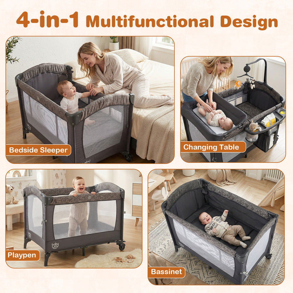 5-in-1 bedside bassinet in gray with changing table, mesh panels, and wheels for easy co-sleeping and portability.