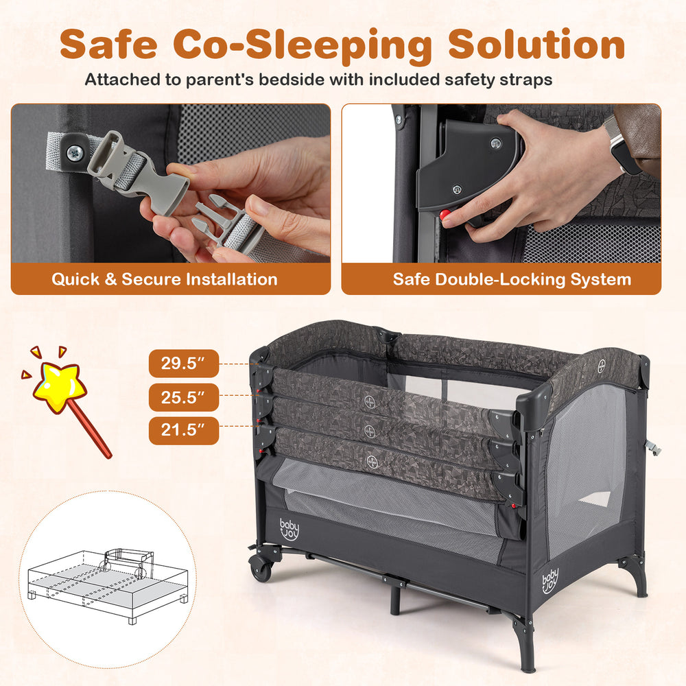 5-in-1 bedside bassinet in gray with adjustable height, safety locks, and detachable changing table for co-sleeping.