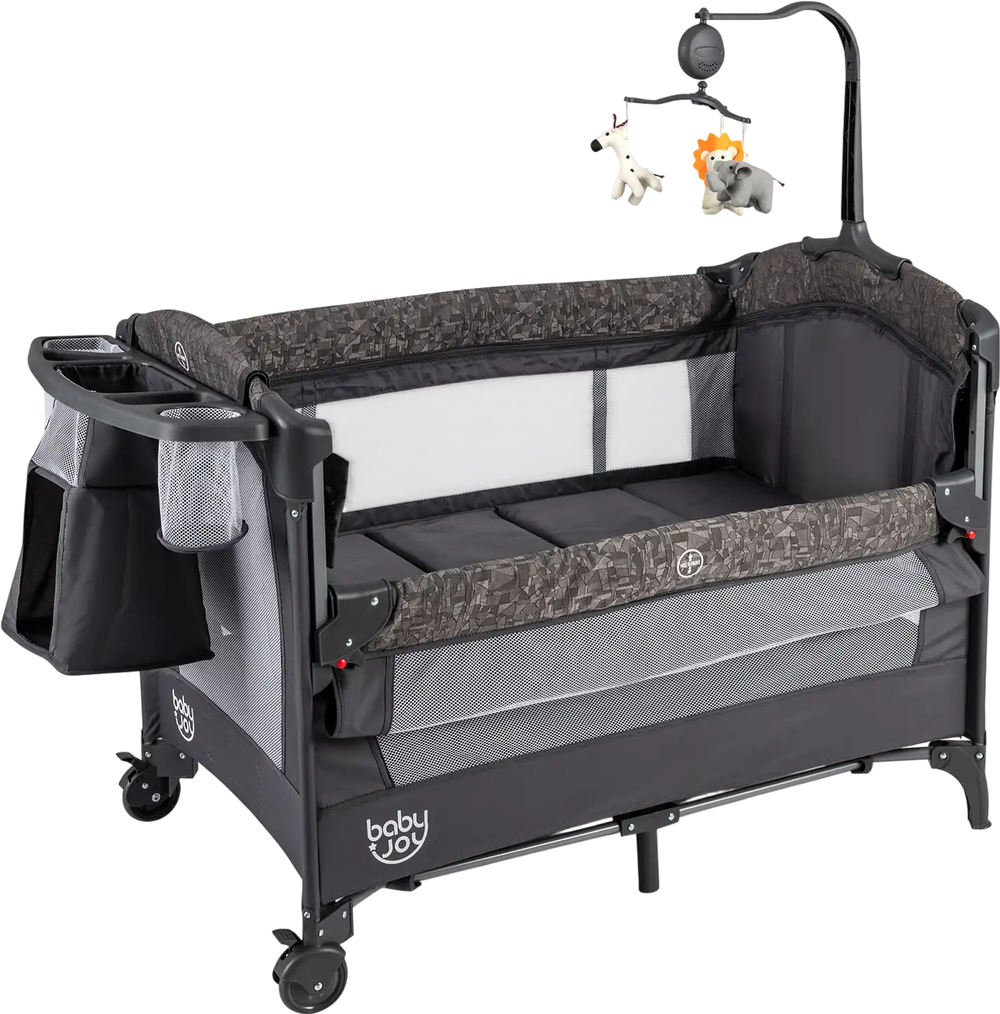5-in-1 bedside bassinet in gray with detachable changing table, mesh panels, and plush toys for newborn comfort and.