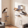 Wall-mounted 5-in-1 cat shelves in gray with plush surfaces, scratching post, and cozy resting zones for indoor cats.