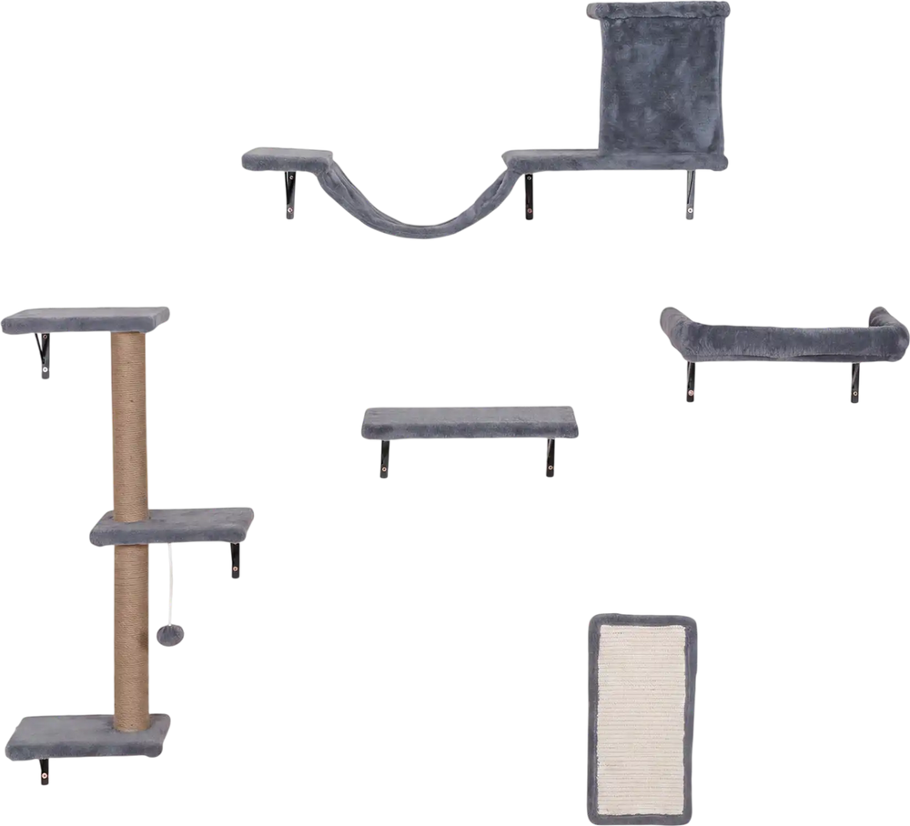 5-in-1 gray cat wall shelves include a condo, bridge perch, scratching post, and plush surfaces for indoor play and rest.