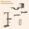 Dimensions of the 5-in-1 cat wall shelves, featuring a condo, bridge perch, scratching post, and platforms in gray.