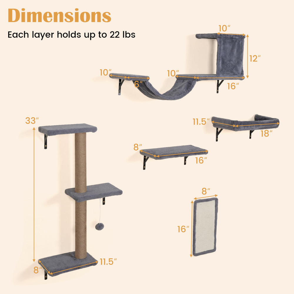 Dimensions of the 5-in-1 cat wall shelves, featuring a condo, bridge perch, scratching post, and platforms in gray.