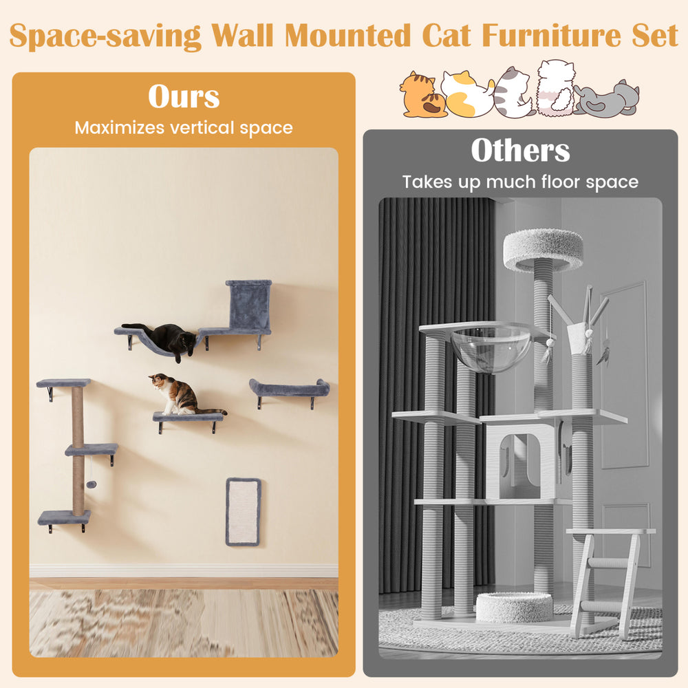 Wall-mounted 5-in-1 cat furniture set in gray features plush surfaces, scratching post, and stable design for indoor play.