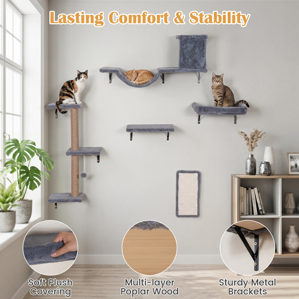 5-in-1 gray cat wall shelves with plush surfaces, poplar wood, and metal brackets for stable indoor play and rest zones.