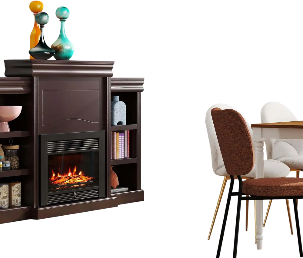 5-in-1 Complete Dining Room Set: Extendable Table, 4 Chairs, Electric Fireplace, Media Console & Bamboo Sideboard
