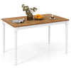 Extendable dining table with a wooden top and white legs, perfect for dining rooms and gatherings.